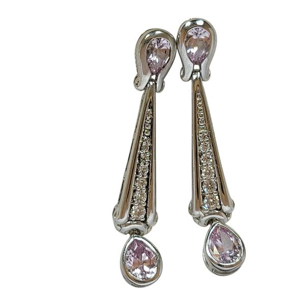 Sterling Silver Drop Earrings 1.5 Inch Pink Teardrop CZ Elegant Dangle - Picture 2 of 7